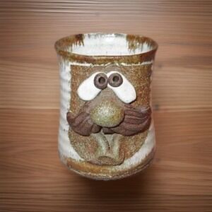 Vtg Ugly Funny Face Mug Mustache Man Stoneware 3D Art Pottery Signed MMS Mahon